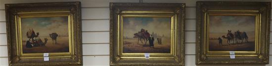 I. El Korvy, 3 oils on canvas, Arabs and camels in the desert, 30 x 40cm